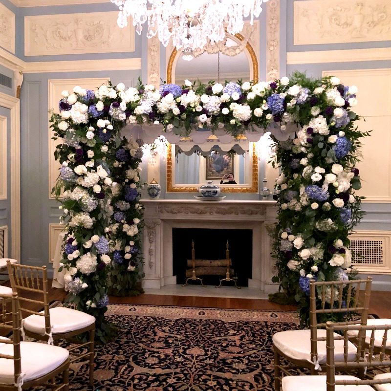 Wedding Ceremony Chuppah Covered in Blue and White Flowers